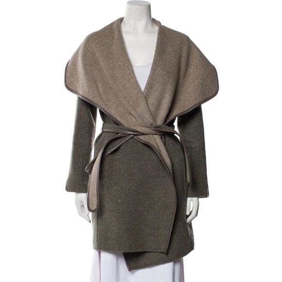 Vince taupe wool shawl collar wrap coat with leather trim - XS - Picture 3 of 5